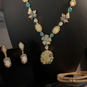 VICTORIAN STYLE Set: Gold & Enamel Necklace; Opalite Earrings; Rhinestone Cuff